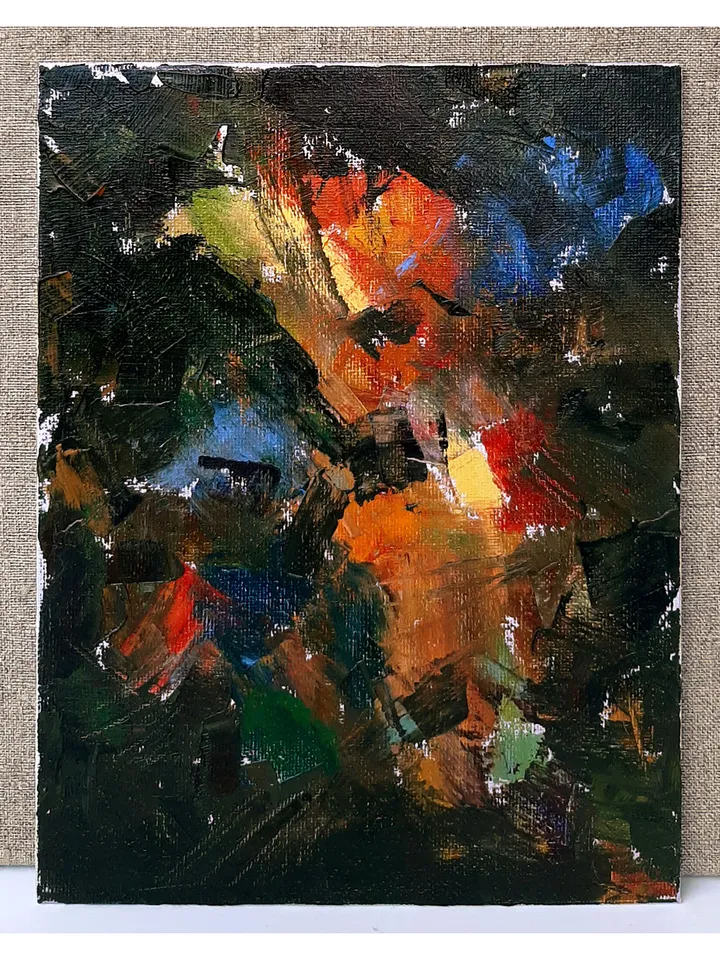 First Quarter Red Moon Painting 9,5x7" ORIGINAL Abstract ART Impressionist hand painted Artwork Signed by artist Marina Chuchko
