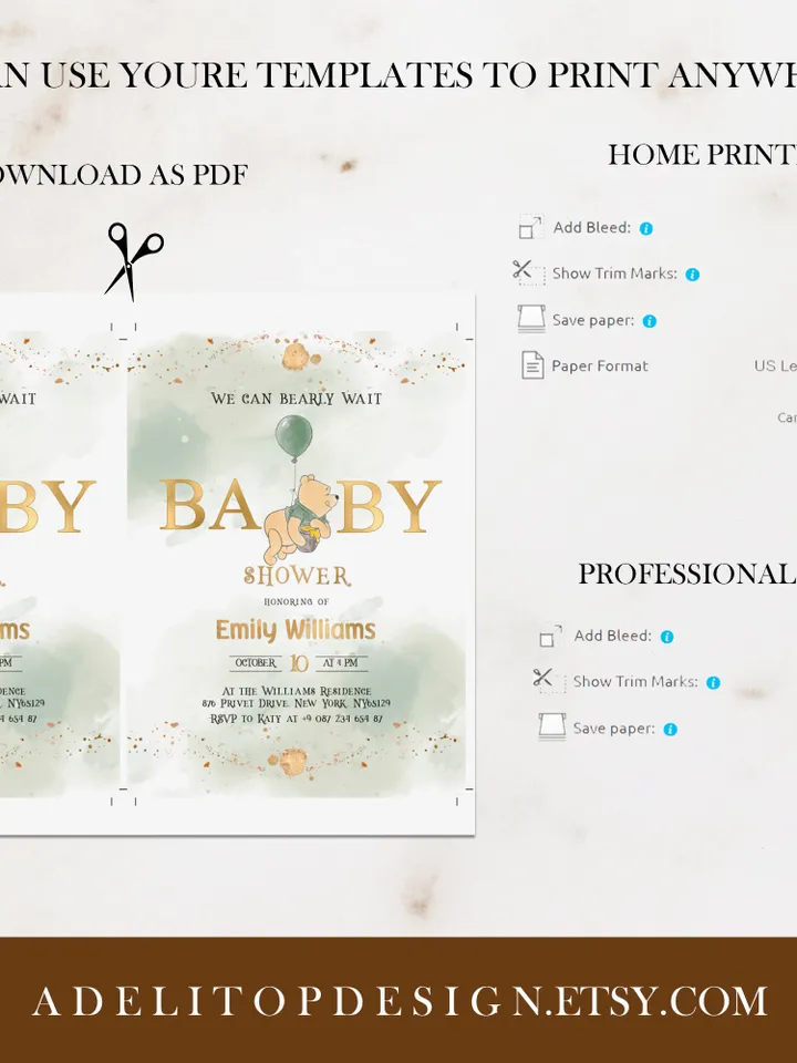 Classic Winnie Pooh Baby Shower Invitation Set; Neutral Baby Shower Template; Wizard Baby Shower Invite; Honey Bear Invite; Winnie Pooh wp9