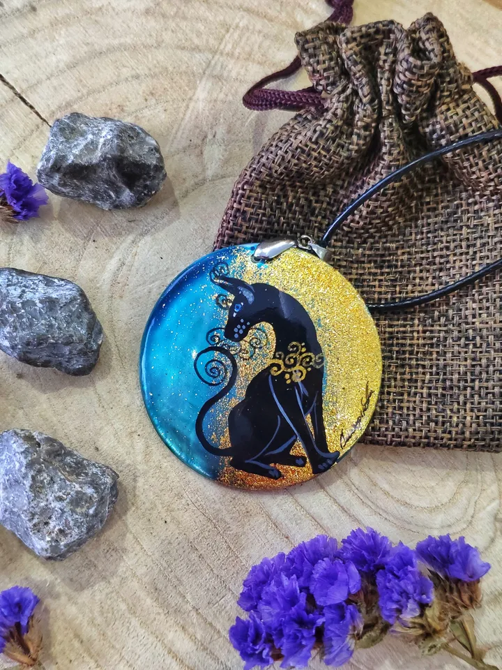 Pearl pendant necklace: Sphunx the black cat painted on handmade pendant • Aesthetic necklace for fall season • graceful cat lover gift