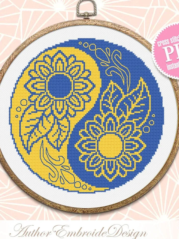 Yin yang mandala cross stitch pattern download PDF Ukraine sunflower cross stitch chart, Small flower mandala digital pattern PDF #M219