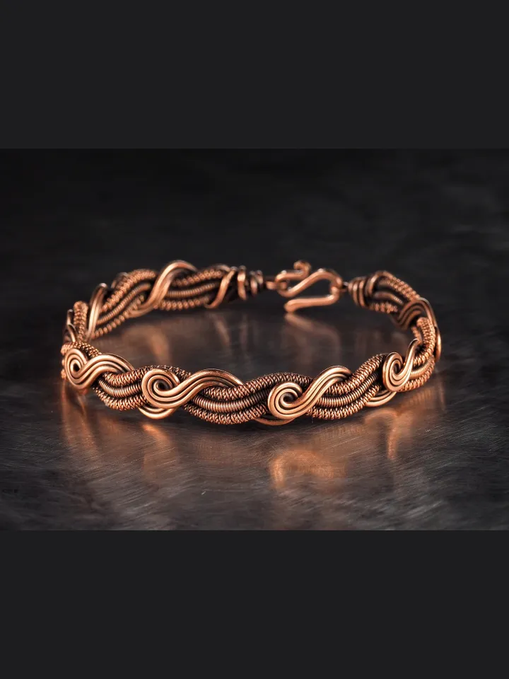 Wire wrapped bracelet, Unique 7th 22nd Anniversary gift idea, Art Nouveau antique style, One of kind braided statement bangle, Handmade oxidized pure copper jewelry, Pain relief, EMF protection