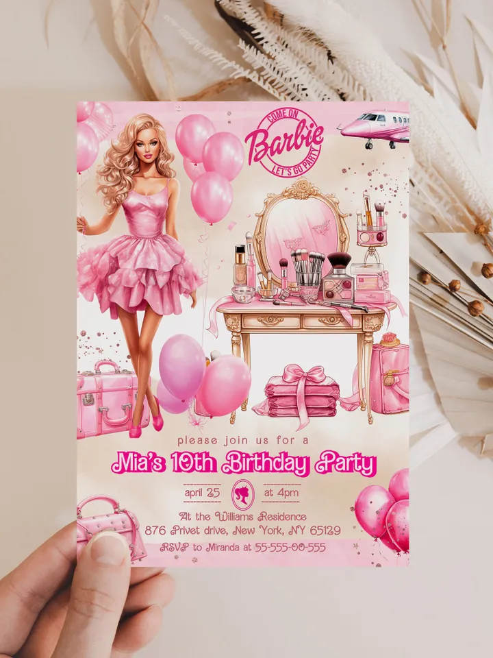 Doll Party Birthday Invitation; hot pink doll party birthday invitation editable template; cute doll girl birthday party bar12