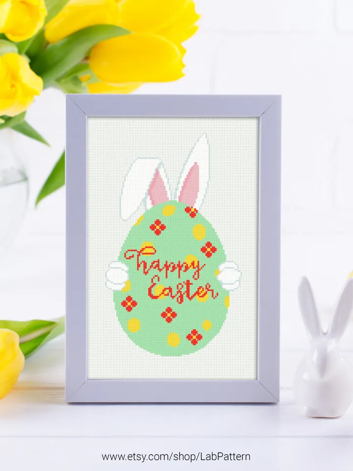 Happy Easter Egg Rabbit cross stitch pattern, Spring, Bunnies, Family, boy girl nursery decor counted chart gift DIY embroidery instant PDF