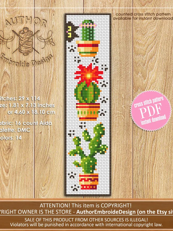 Cactus bookmark cross stitch pattern PDF download Cactus plant cross stitch chart, Cat bookmark pattern digital PDF, Book accessories #B10