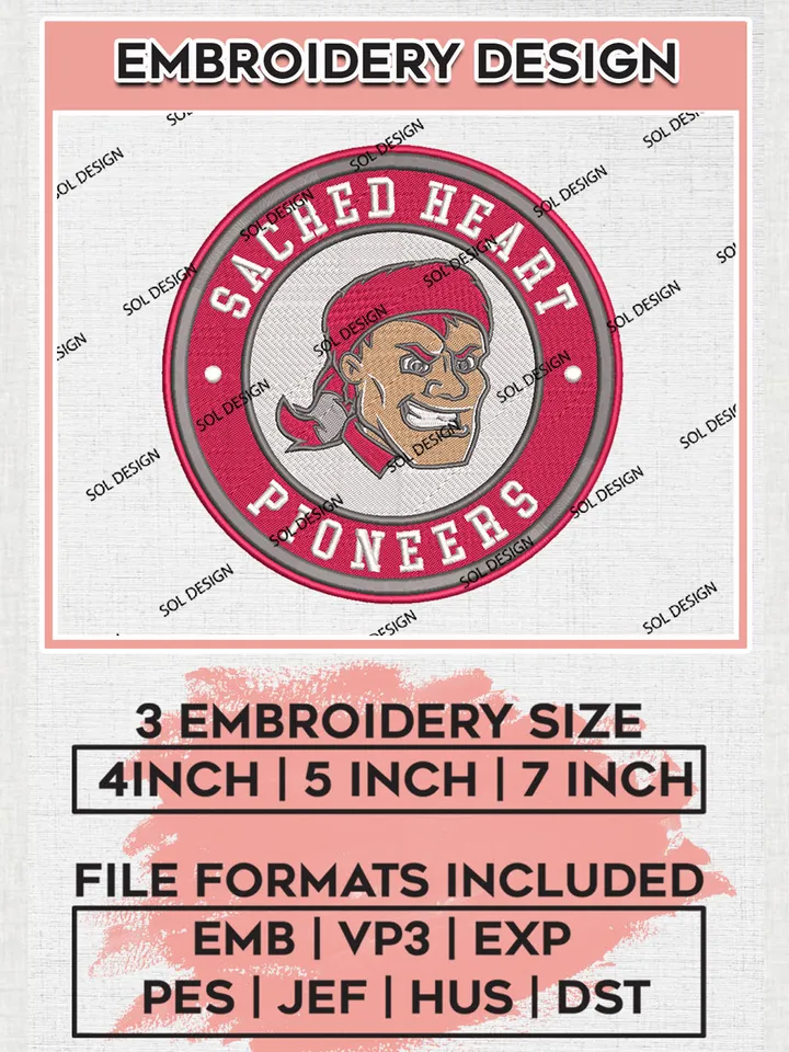 NCAA Sacred Heart Pioneers Round Logo Embroidery, NCAA Sacred Heart Logo Embroidery files, NCAA Teams, Machine embroidery designs, Digital Download