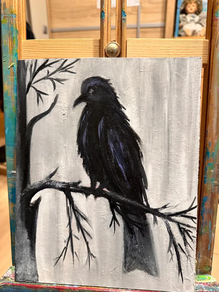 Oil Painting Raven Raven on a Bird Branch Winter Landscape Minimalism Wall Decor Cardboard 10x8 inches 25x20 cm