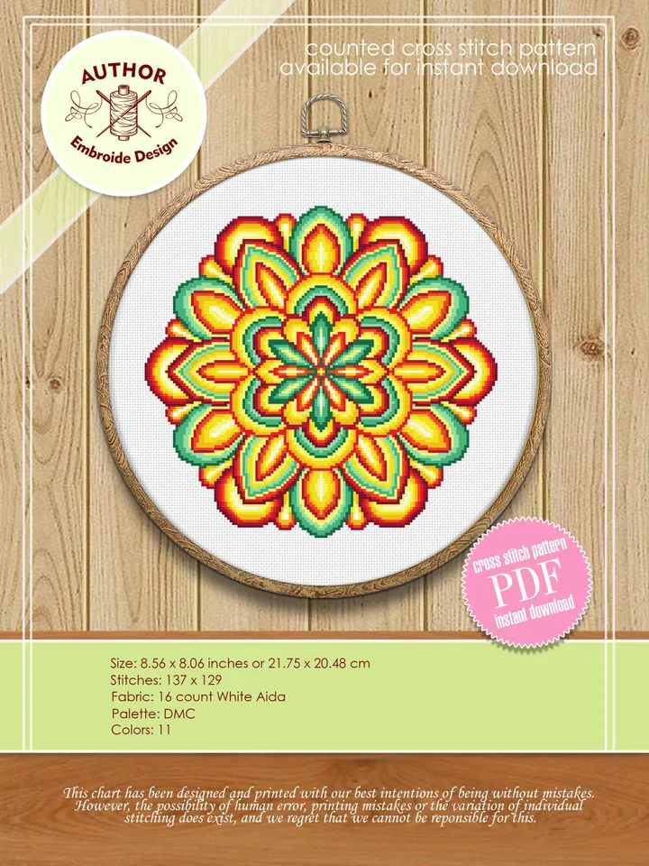 Colorful mandala set cross stitch pattern download PDF, Floral ornament cross stitch chart, Mandala digital PDF, Bright mandala pattern #S7