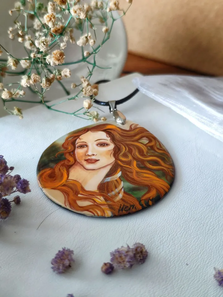Pearl pendant necklace: Greek goddess on handmade jewelry • The Birth of Venus painted on aesthetic necklace • Elegant art on dainty pendant