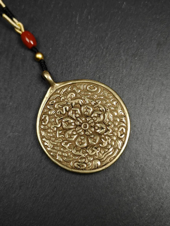 Gandhanra Tibetan Buddhist Mandala Flower Amulet Melong Mirror Pendant | Tibetan Calendar Badge | Handmade 55mm Feng Shui Protective Charm