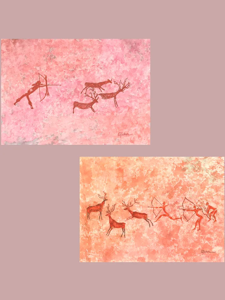 Deer hunting wall art | Original Pastel and Watercolor Artwork Ancient Cave Painting Style | Hunters Prehistoric art | Handmade Artwork | Archers stylization of rock art | Drawings of a prehistoric man | Modular painting
