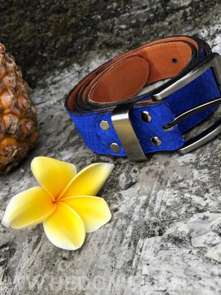 Genuine python skin blue belt | electric blue ultramarine belt | handmade leather belts | unisex belt | exotic leather belt |