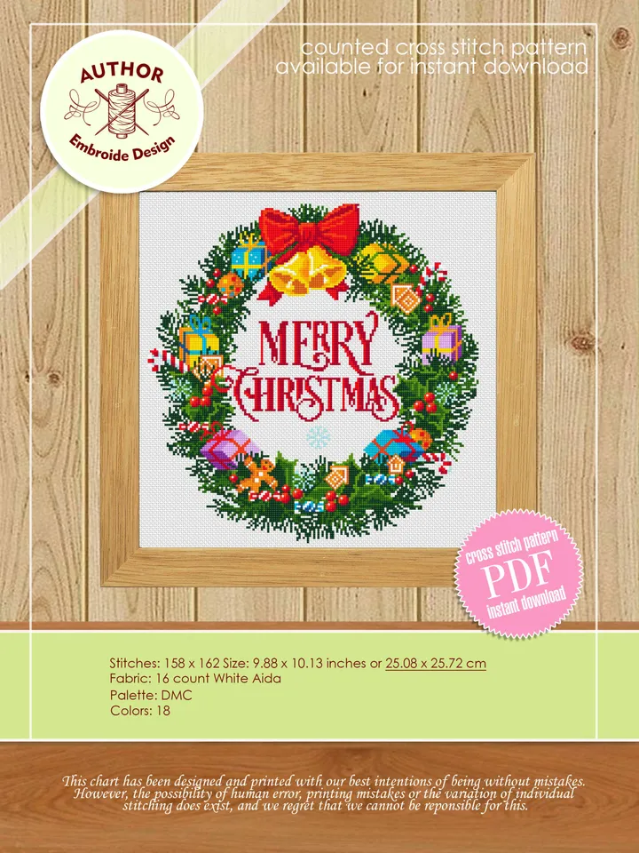 Merry Christmas cross stitch pattern download PDF Christmas wreath cross stitch Christmas pattern digital Winter holiday embroidery PDF #N20