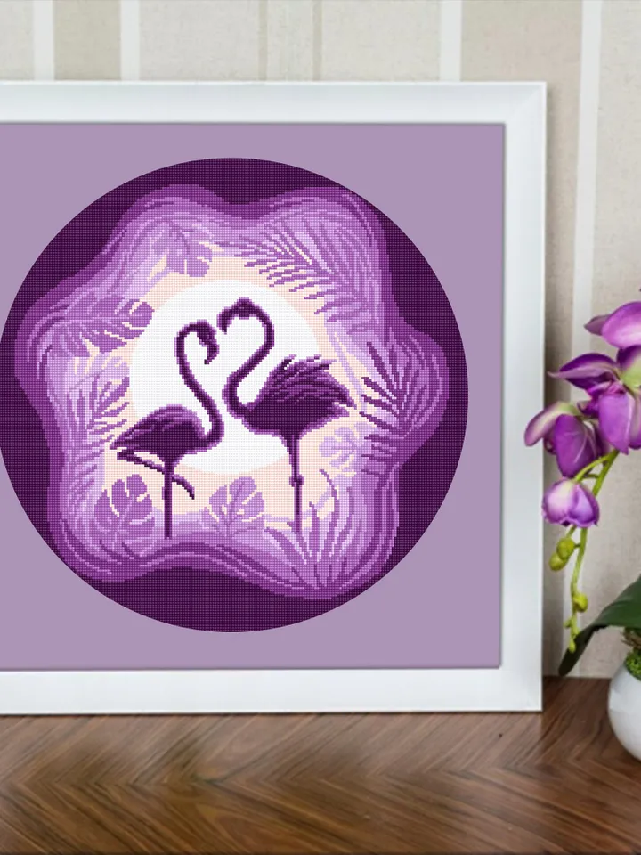 Flamingo cross stitch pattern download PDF, Purple cross stitch birds, Cute flamingo hand embroidery PDF, Tropical leaves cross stitch #L49