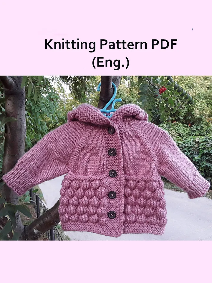 Knitted Baby Jacket Pattern, Bubble Stitch Baby Cardigan Knitting Pattern, Hooded Baby Jacket Pattern, Newborn Baby Knit Cardigan, Baby Clothing Knitting Pattern, PDF Pattern in English