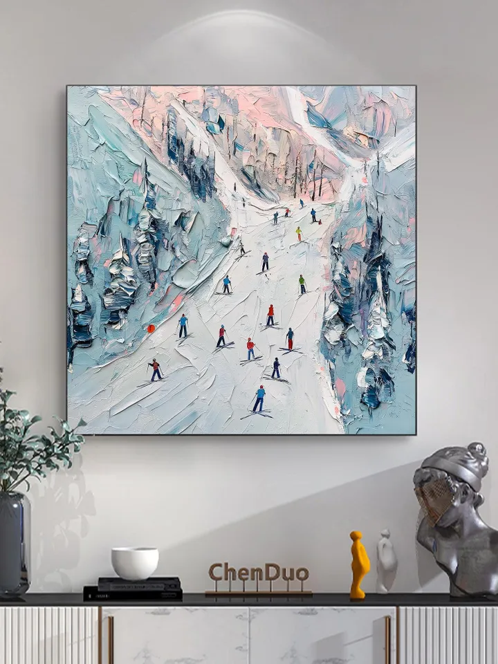 Ski Slope Painting, Winter Landscape Art, Impasto Snow Scene, Mountain Art, Skiers Painting, Textured Wall Art, Original Artwork, Home Decor