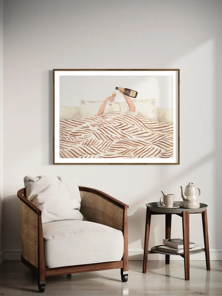 Woman Drinking Champagne In Bed, Watercolor Painting, Girls Bedroom Decor, Vintage Bar Print, Feminist Poster, Girly Wall Art, Alcohol Print