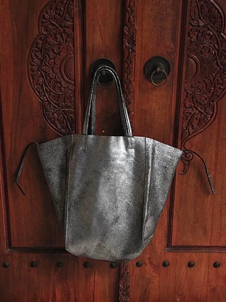 Genuine leather silver tote shopper big bag / everyday purse / handmade bags / designer bags / summer bag / gift for her