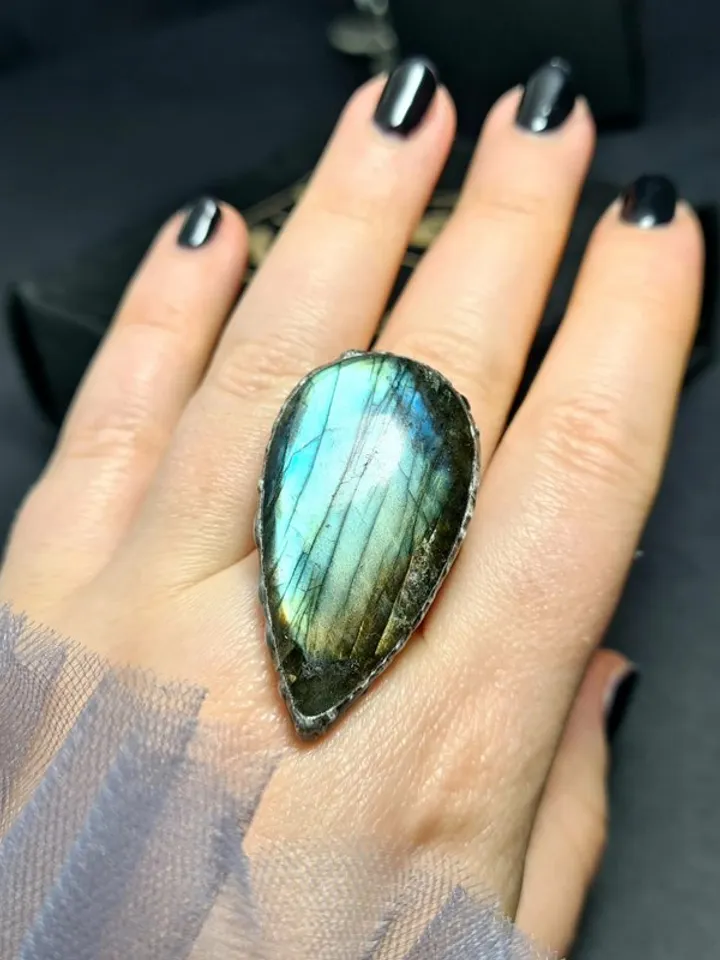 Labrodarite ring Big Massive Ring Luminous Ring Rainbow Ring