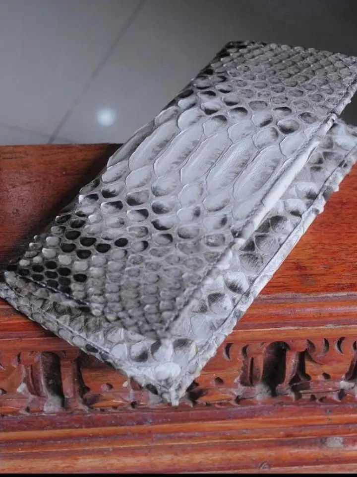 Genuine python skin flat unisex gray uncolored wallet / small money reptile purse / exotic leather snakeprint / cardholder gift idea
