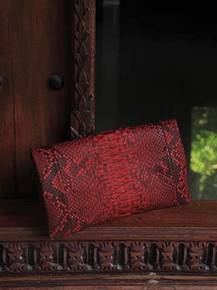 Genuine Python Skin Envelope Red Clutch | Exotic Leather Bags | Small Classy Handmade Clutch | Flat women Elegant Evening Clutch| Snake Bag