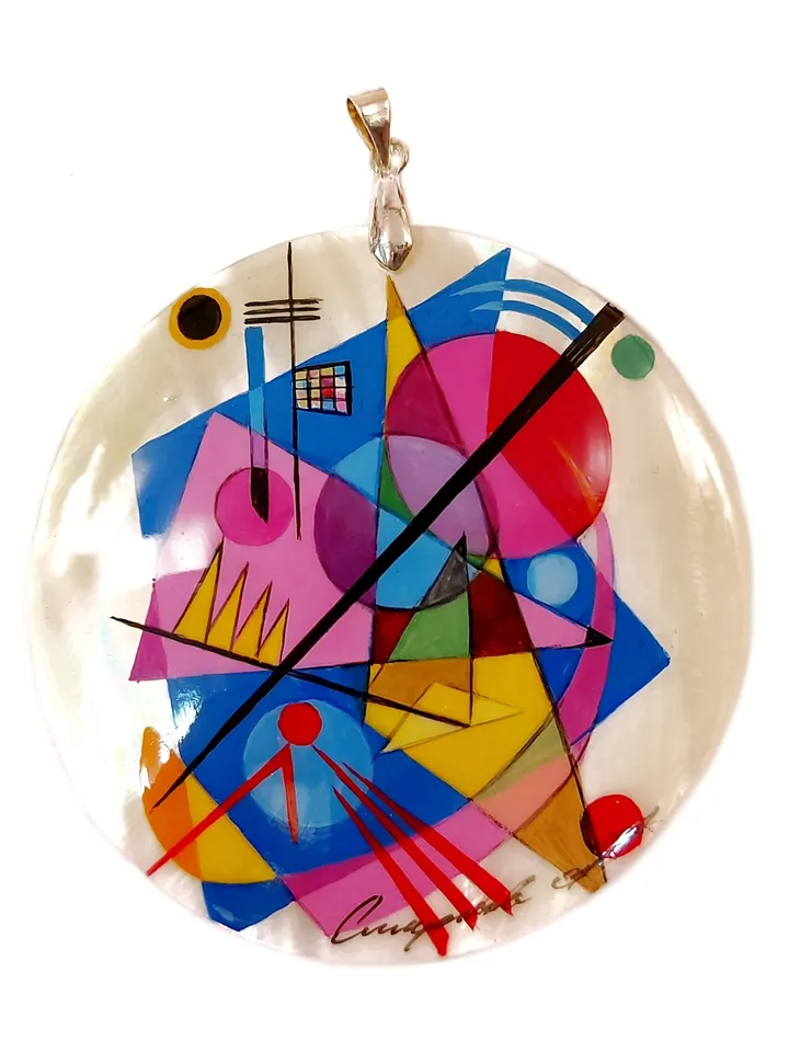 Mother-of-pearl Russian hand-painted necklace pendant. Jewelry. Abstraction. Kandinsky. Hand paint mother of pearl necklace.