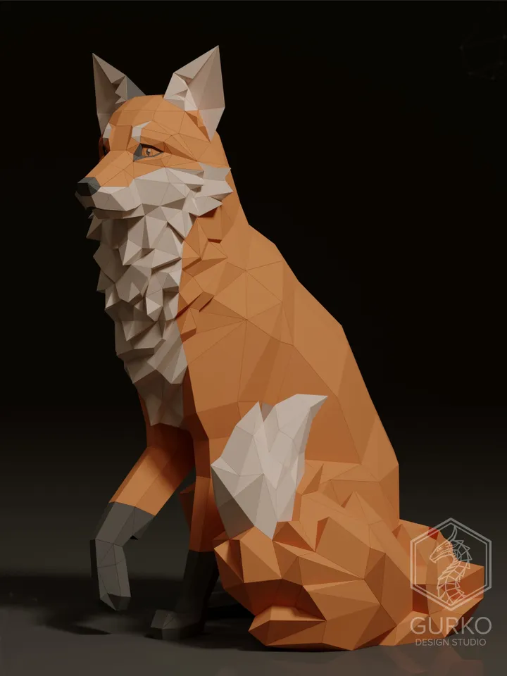Sitting Fox Papercraft, Digital Template, PDF Download, Gurko, 3D LowPoly, Pepakura, DIY Origami Sculpture, Paper Party Decoration, DIY Gift