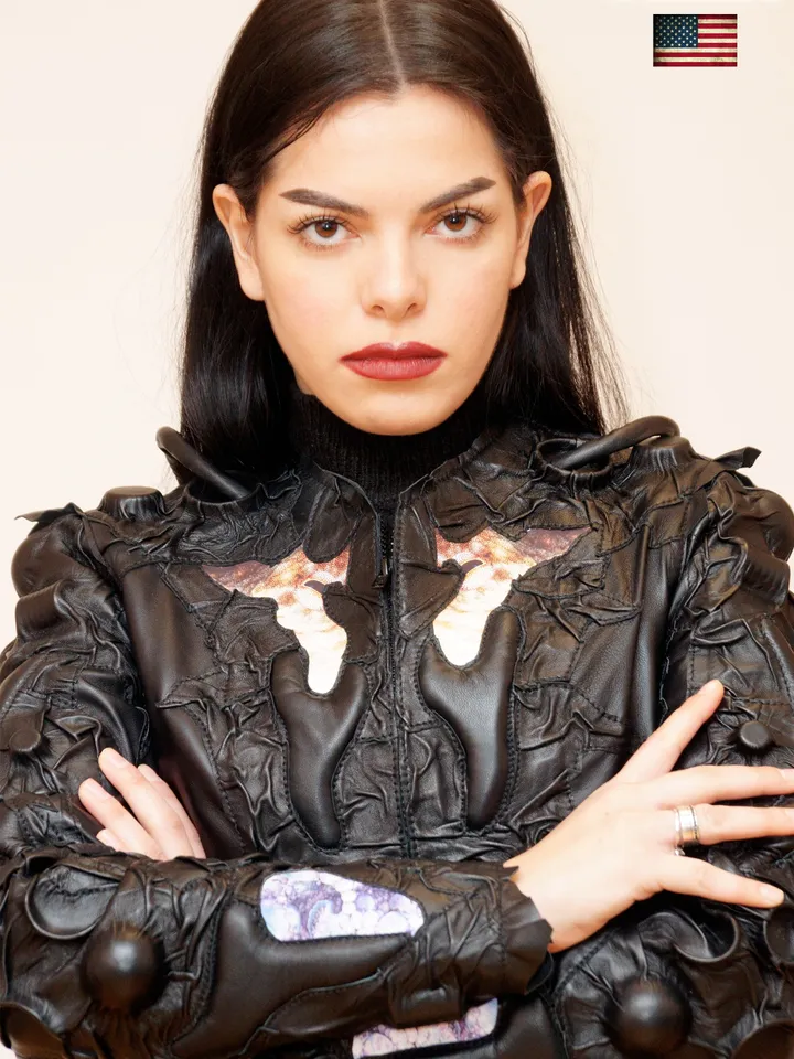 Women's short handmade jacket of genuine leather black color cyberpunk style. Cosmic futuristic design leather clothes