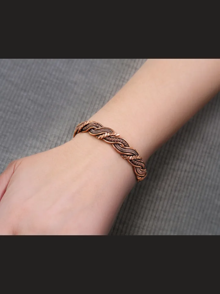 Wire wrapped bracelet, Unique 7th 22nd Anniversary gift idea, Art Nouveau antique style, One of kind braided statement bangle, Handmade oxidized pure copper jewelry, Pain relief, EMF protection