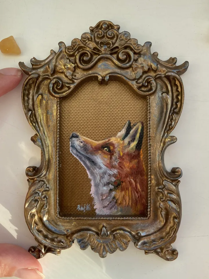 Fox Oil Painting Original In Vintage Style Frame Small Framed Animals Wildlife Art