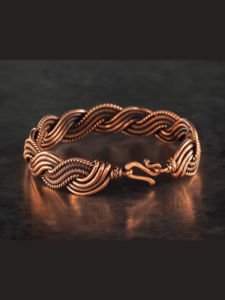 Wire wrapped bracelet, Unique 7th 22nd Anniversary gift idea, Art Nouveau antique style, One of kind braided statement bangle, Handmade oxidized pure copper jewelry, Pain relief, EMF protection