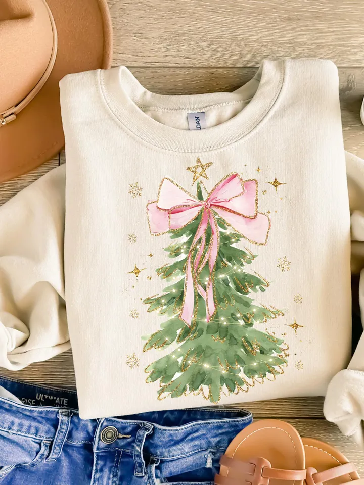 Coquette Glitter Christmas Tree Png, Watercolor Christmas Tree Girly, Merry Christmas Coquette Bow Tree Png, Christmas Lights Hand Drawn