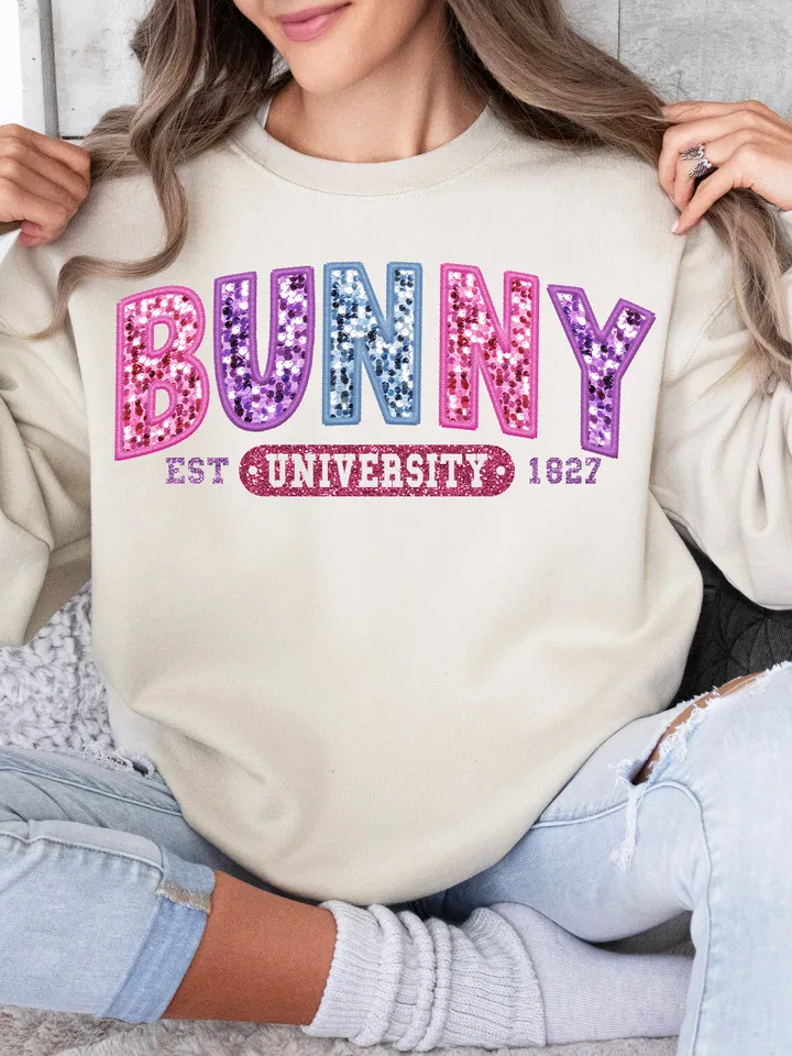 Trendy Bunny University, Embroidery Sparkly, Faux Sequins, Easter Png, Cute Easter Day Shirt, Trendy Easter Day Png, Sleeve Sublimation