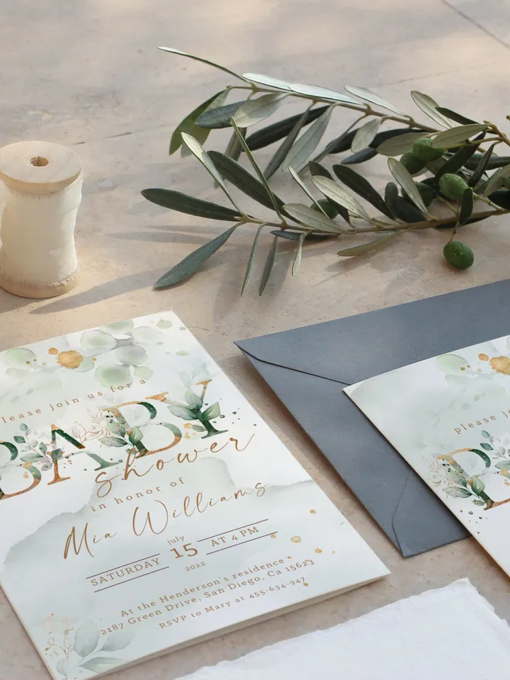 Greenery Baby Shower Invitation Template; Botanical Baby Shower; Green Gold Leaves Baby Shower Invite; Eucalyptus Baby Shower original