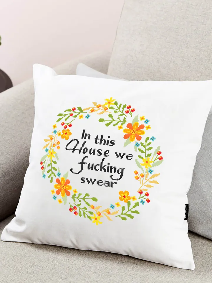 Framed quote cross stitch pattern Flower wreath cross stitch Instant download PDF, Floral frame design, In this house we fucking swear #Q24