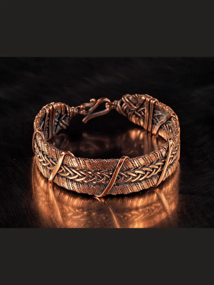 Wire wrapped bracelet, Unique 7th 22nd Anniversary gift idea, Art Nouveau antique style, One of kind braided statement bangle, Handmade oxidized pure copper jewelry, Pain relief, EMF protection
