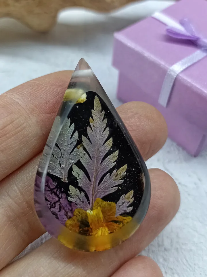 Resin and flower purple pendant Real fern leaf drop charm necklace