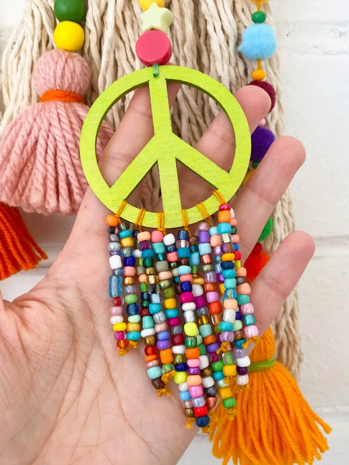 Hippie room decor, Macrame rainbow wall hanging with evil eye and peace sign, Boho home decor