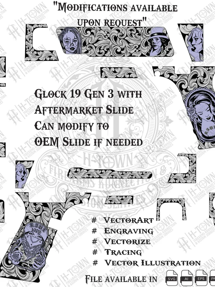 Glock 19 Gen 3 Chicano Lady Engraving | Scroll Grip & Slide Vector | Tattoo Style Svg PNG EPS AI | Pistol Art Template