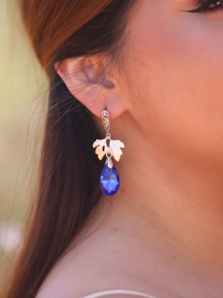 Boho Wedding Earrings, Silver Gold Blue Leaf Wedding Earrings, Flower Teardrop Bridal Earrings, Swarovski Crystal Statement Wedding Jewelry