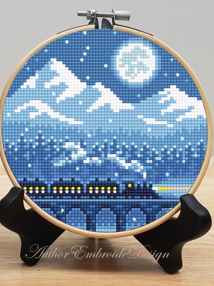 Winter mountain landscape cross stitch pattern PDF download Night train cross stitch Small pattern digital PDF Old train bridge viaduct #L93