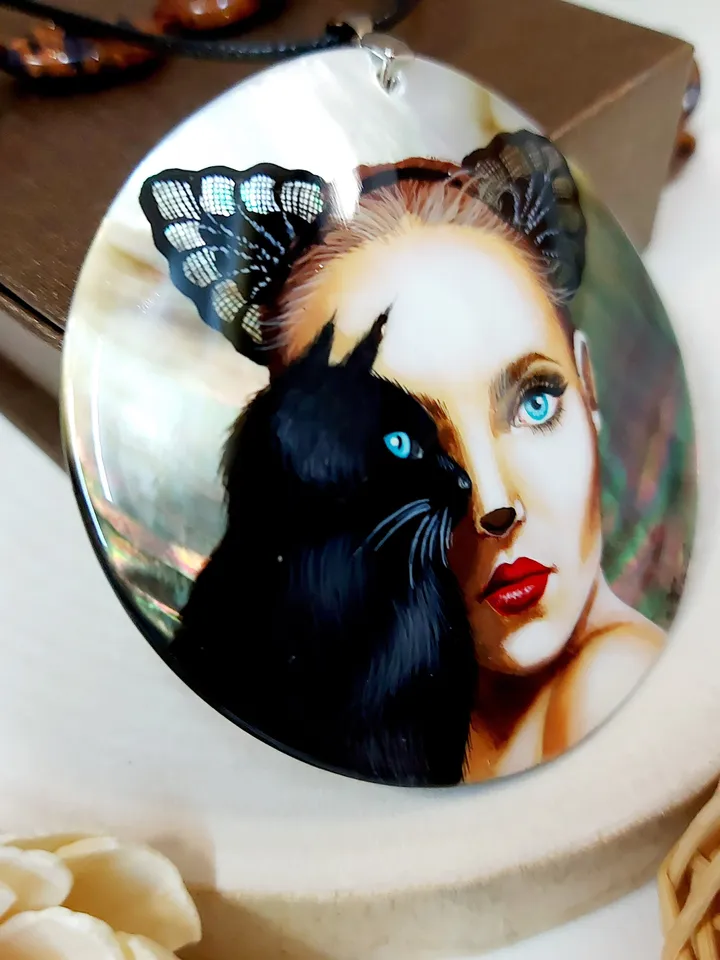 Mother-of-pearl Russian hand-painted necklace pendant "Сatwoman" Jewelry Russian jewelry magic of painting fine art jewelry Fedoskino