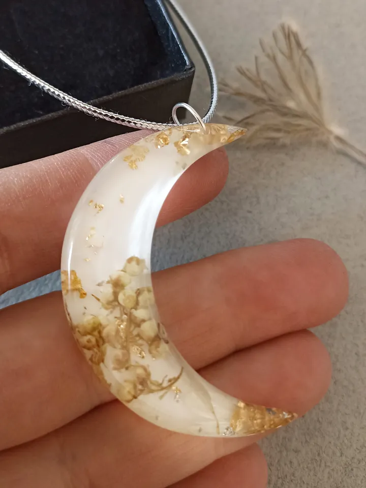 Moon pendant with rowan flowers and gold leaf in jewelry resin Moon necklace with white flowers