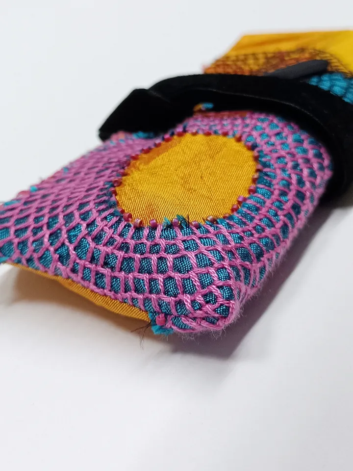 Pencil case with embroidery in Japanese boro style.