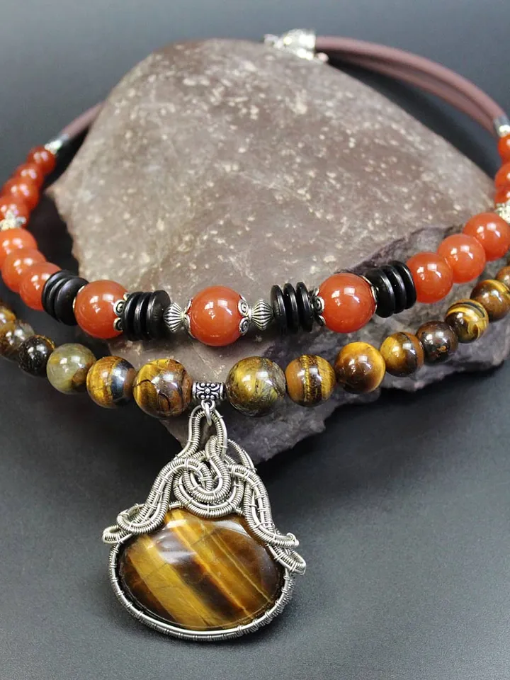 Handmade necklace with natural carnelian and tiger eye stone beads.