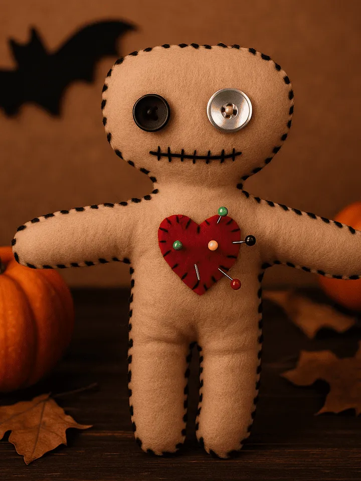 Handmade voodoo doll with red heart and button eyes – featured in beginner-friendly PDF sewing tutorial