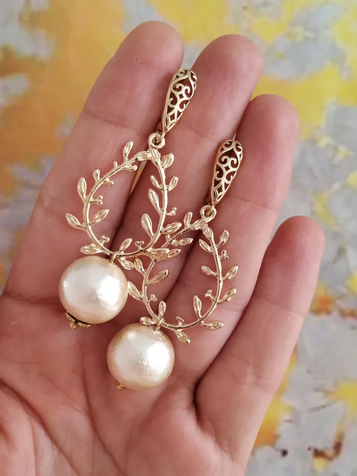 Cotton Pearl Statement Wedding Earrings ,Gold Wedding Jewelry ,Boho Bridal Jewellery ,Boho Wedding Earrings, Dangle Drop Bridal Earrings