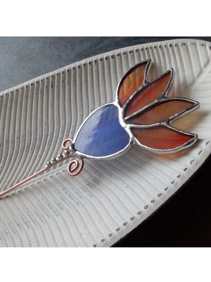 Garden art, Glass flower, lotus, lilie suncatcher, nature Stained glass, Orange flower, flower pot pole