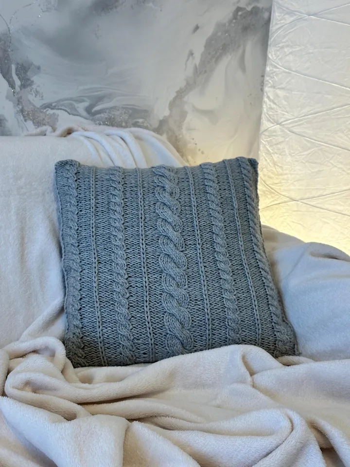 Knitting pattern, pillow cover with cables, knit flat handmade design, envelope or button opening, Eng, 3 Cables Cushion Cover
