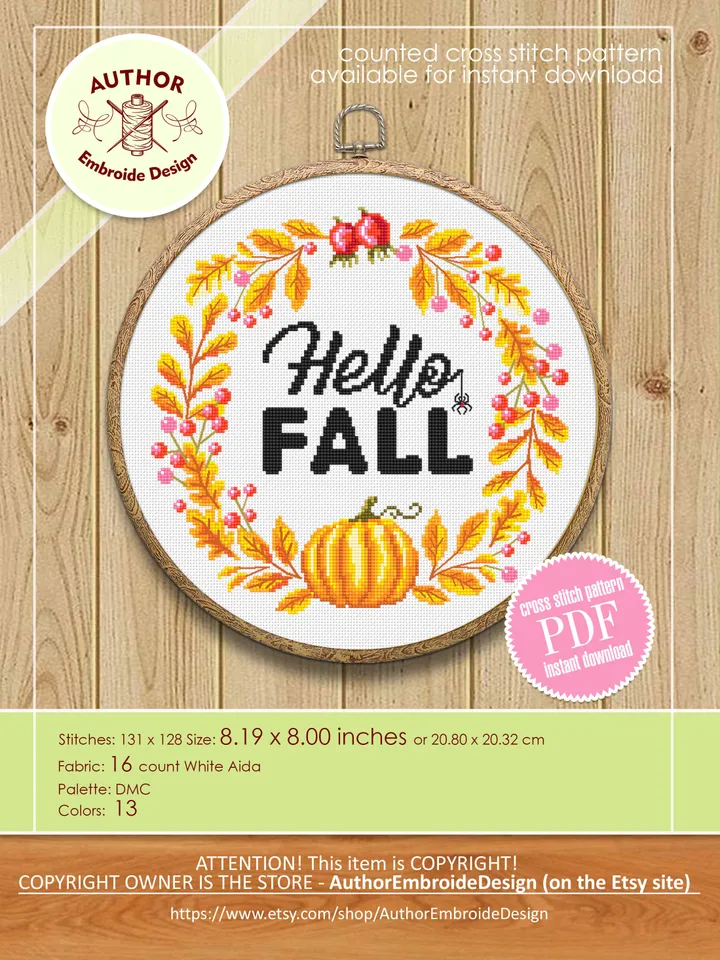 Fall wreath cross stitch pattern PDF instant download Halloween pumpkin cross stitch chart, Autumn wreath pattern, Thanksgiving wreath #Q57