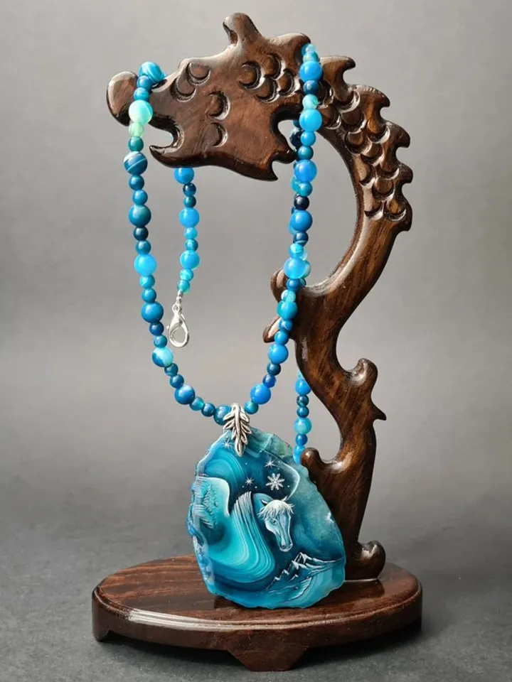 Snow horse necklace Jewelry Hand painted on blue agate miniature painting
